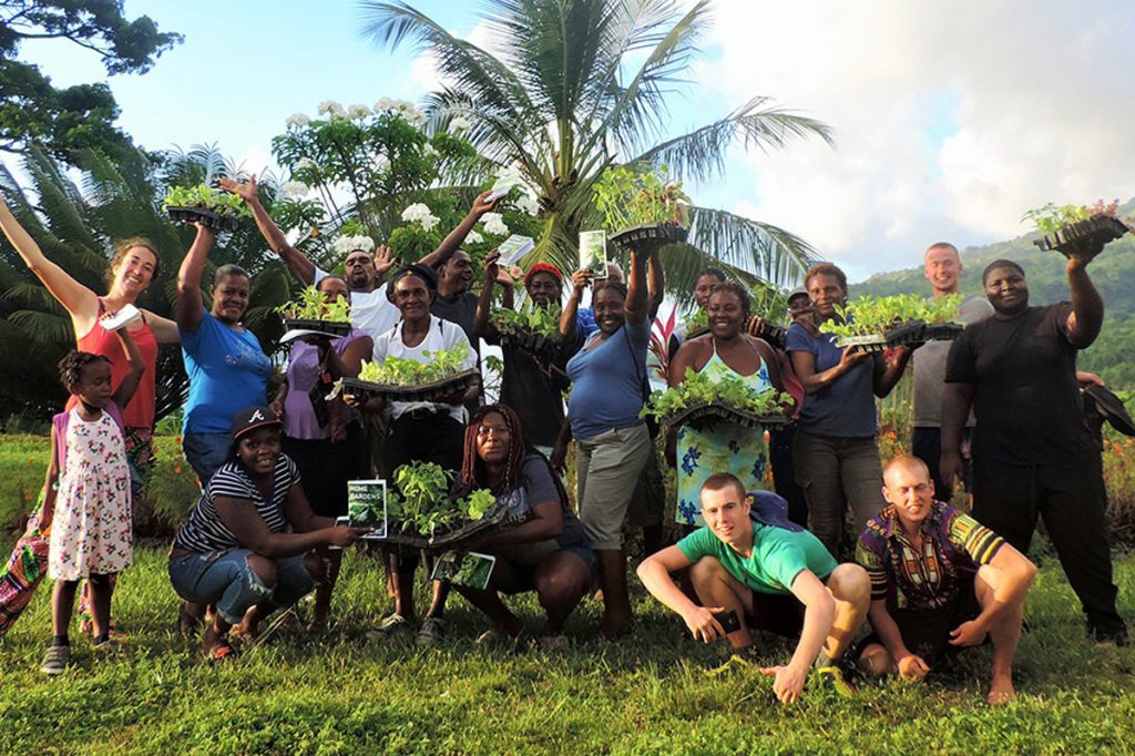 Diverse group of people celebrating plants